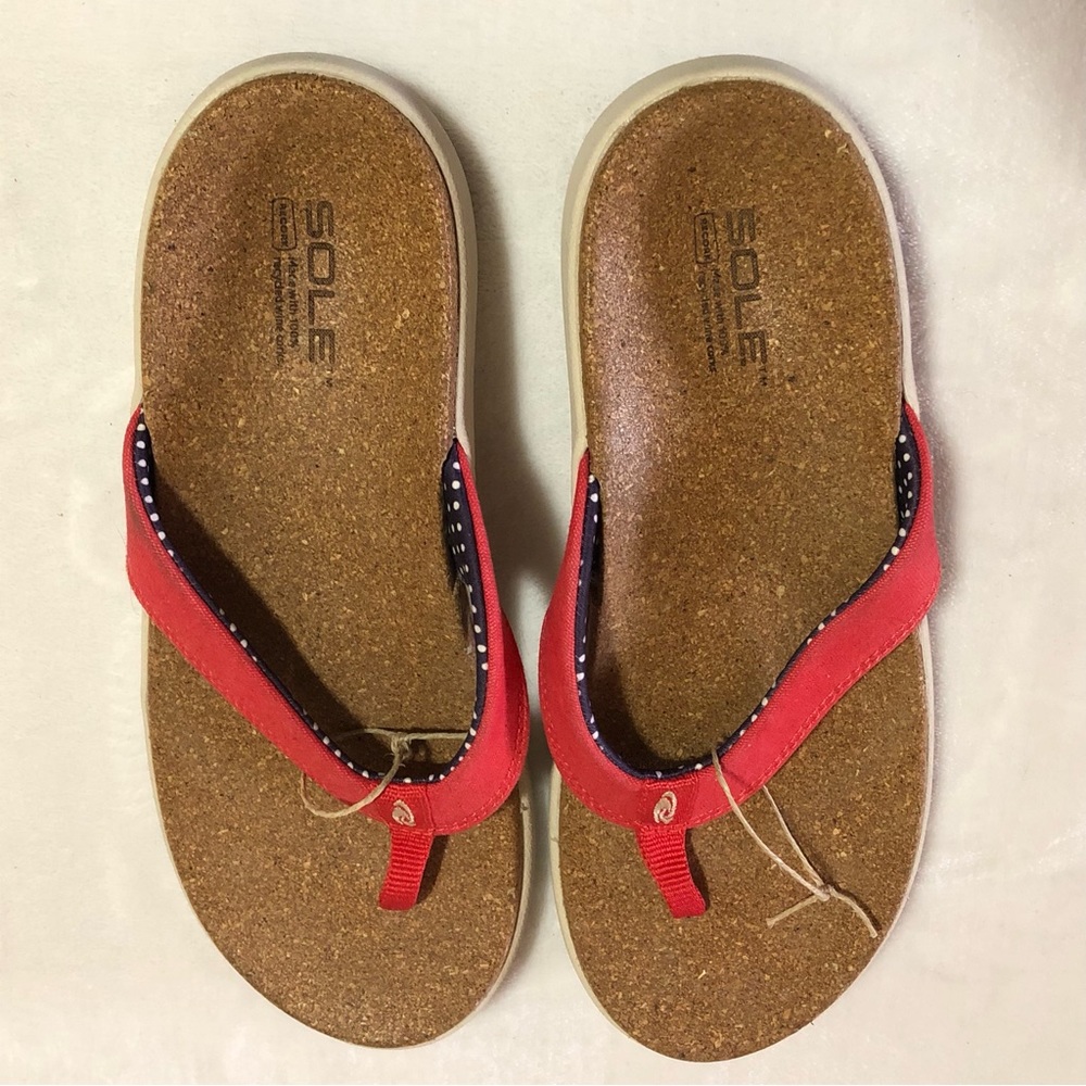 SOLE Red Fabric Flip-Flops With A Recorked Footbed • Women’s Sz 10 - Picture 3 of 6